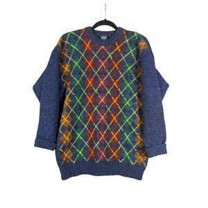 Vintage J Crew Shetland Wool Sweater Crew Neck Navy Blue Multi Color Men Medium